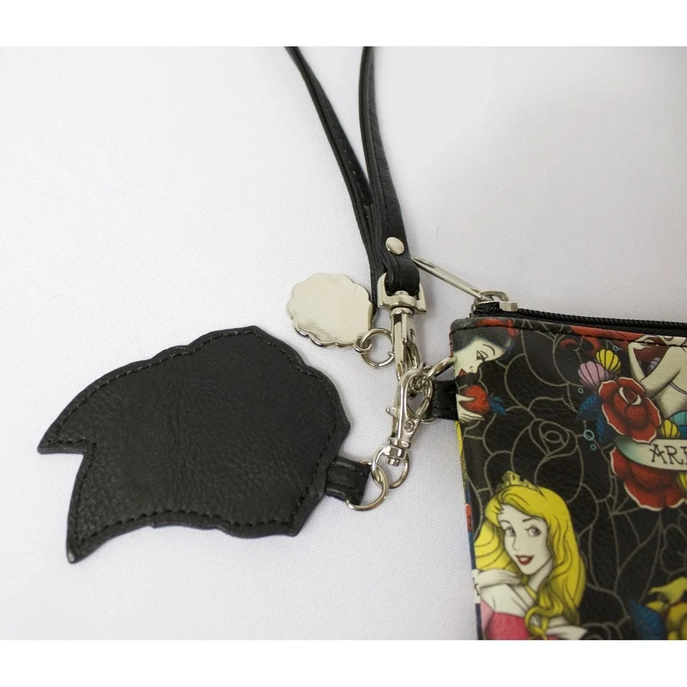Disney Princess Loungefly Tattoo Print Black Wristlet Zipper‎ Bag with Keychain